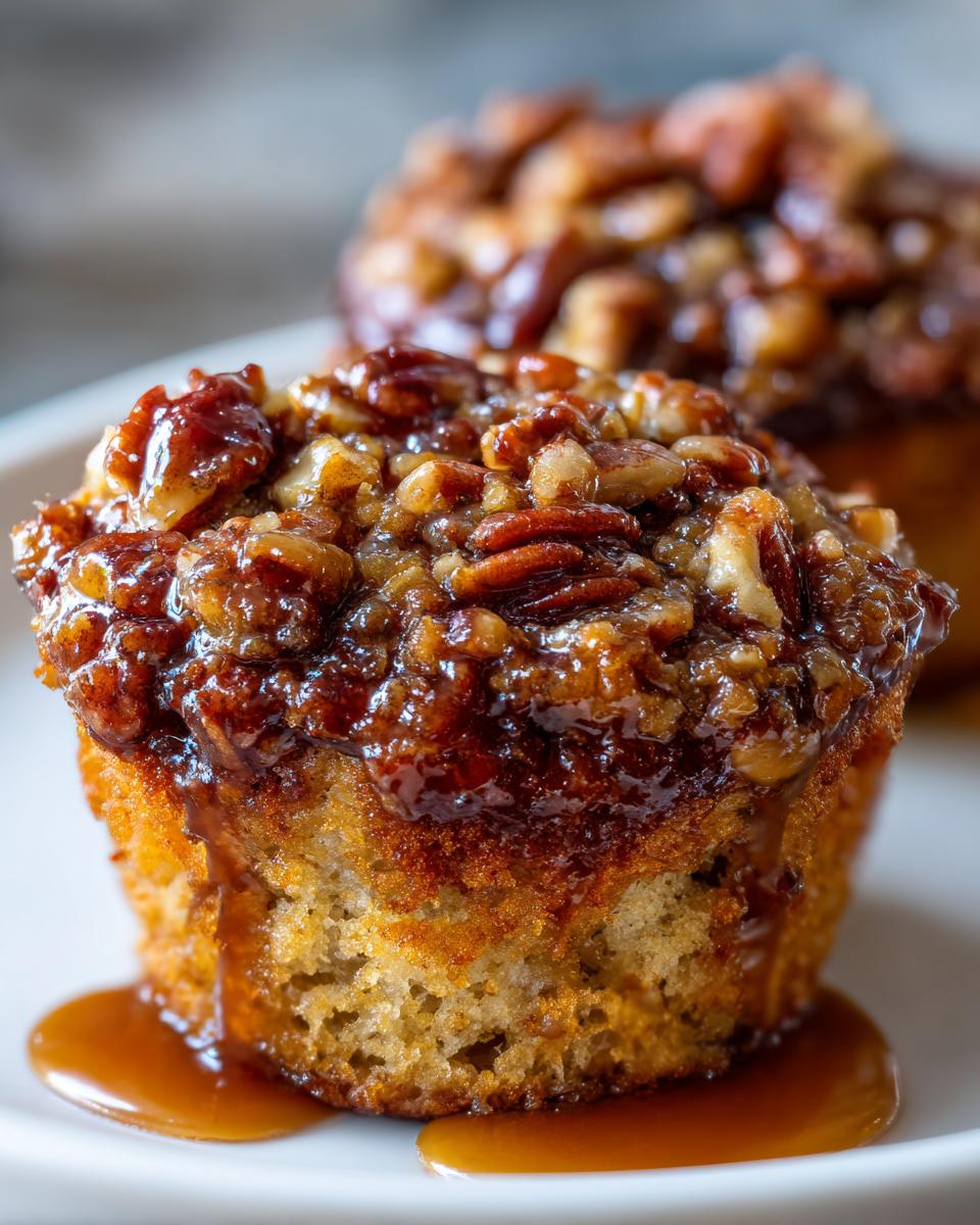 A close-up of a gooey pecan pie muffin topped with caramelized pecans and dripping with sauce.