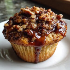 A close-up of a single pecan pie muffin topped with sticky caramel glaze and chopped pecans.