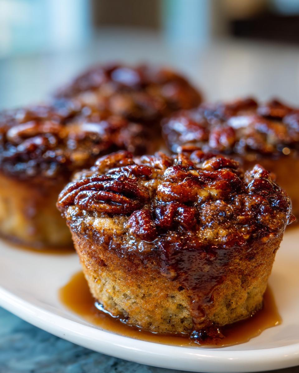 A close-up of a gooey pecan pie muffin topped with glazed pecans, sitting on a white plate.