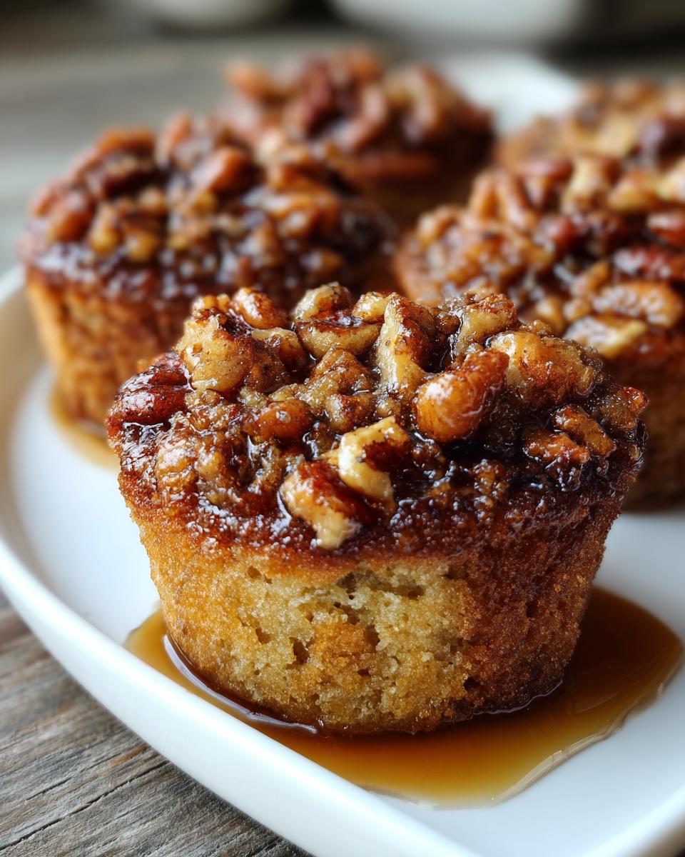 Close-up of a gooey pecan pie muffin featuring a sticky pecan topping and syrup pooling on a white plate.