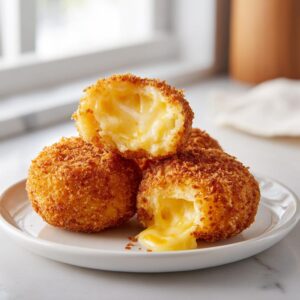 Close-up of golden brown potato croquettes, one broken open revealing a melted, gooey cheese center.