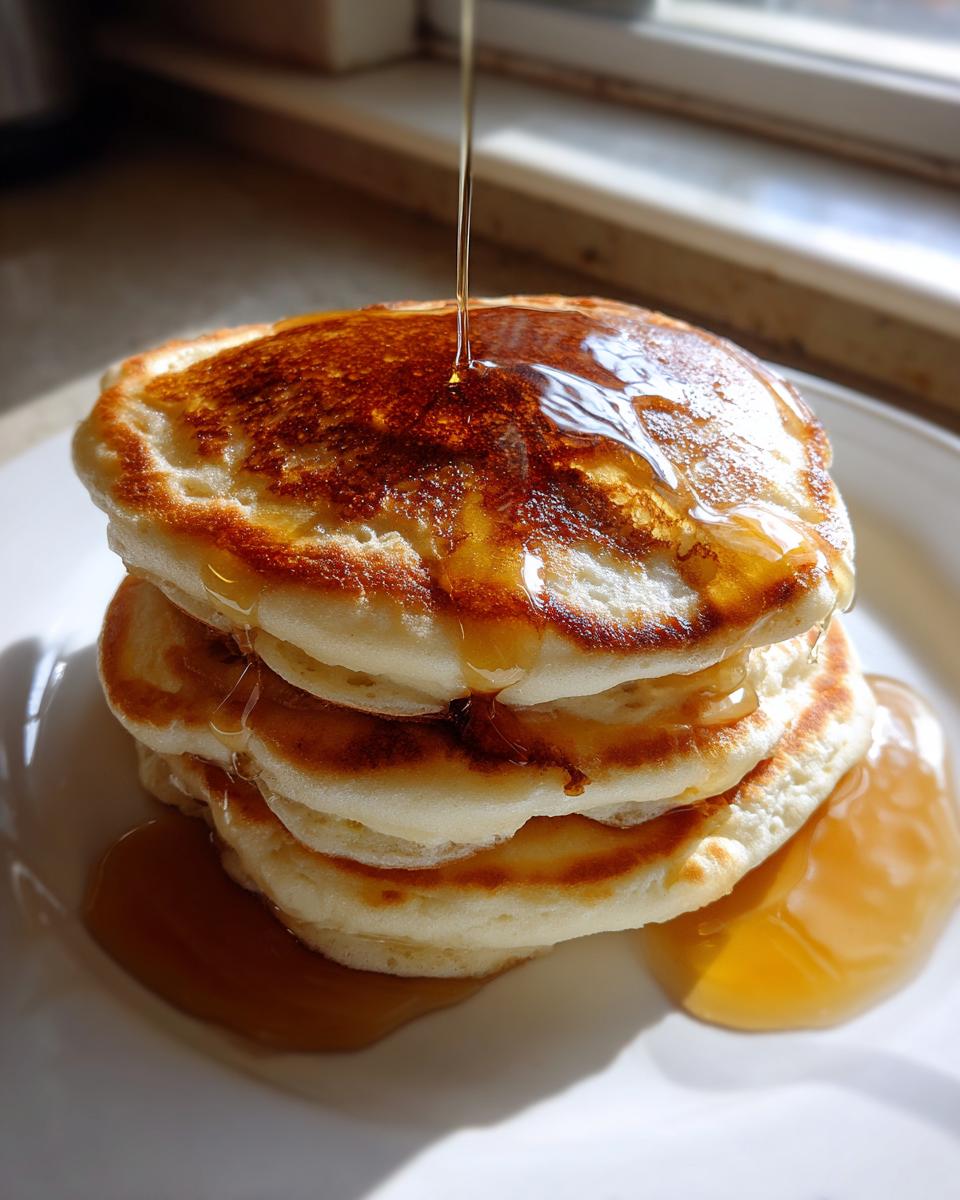 A tall stack of fluffy greek yogurt pancakes being drizzled with golden syrup on a white plate.