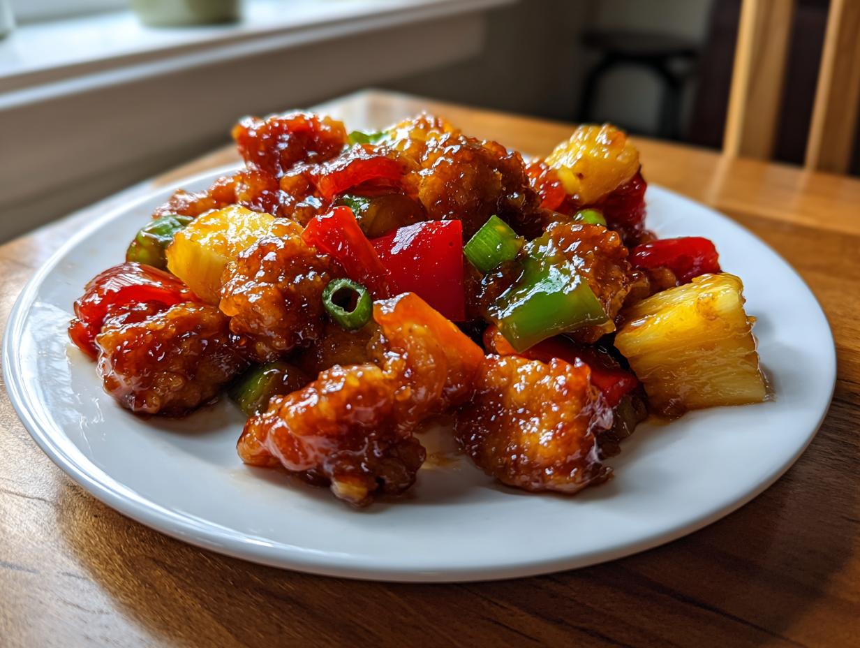 Close-up of glazed chicken pieces mixed with pineapple chunks and colorful bell peppers, inspired by hawaiian chicken sheet pan.