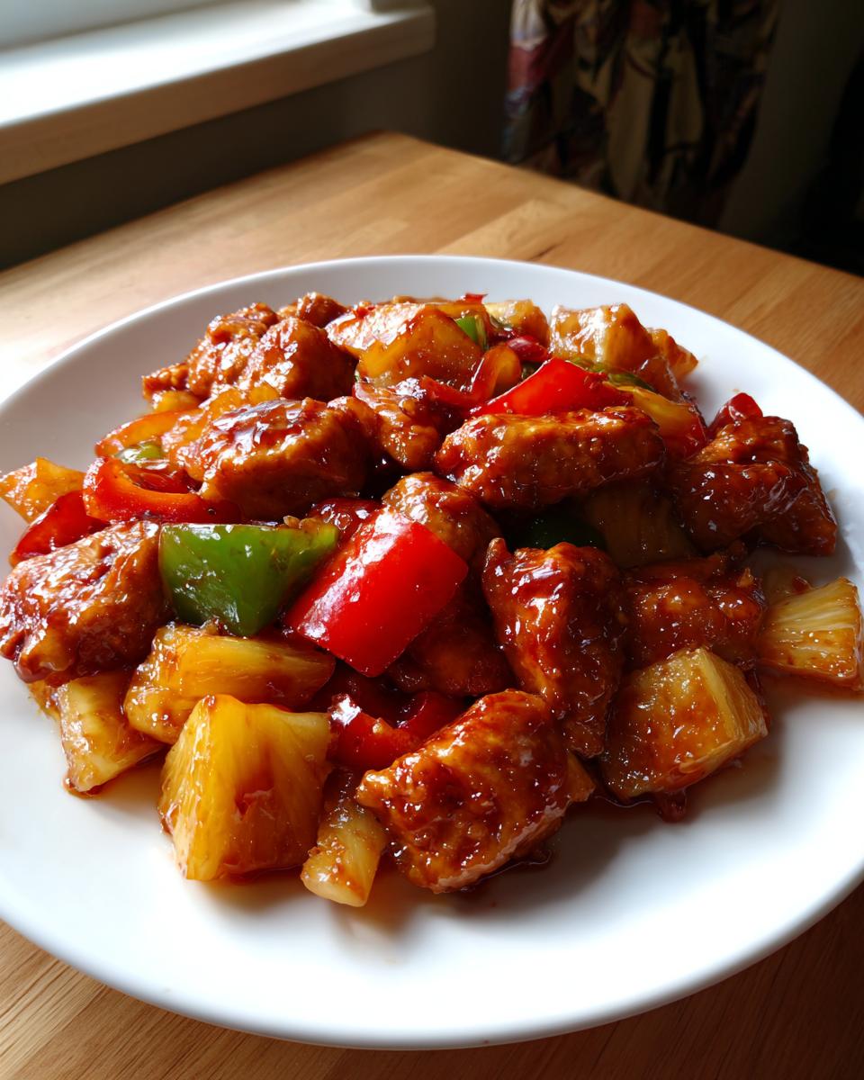 Close-up of glazed chicken pieces mixed with pineapple chunks and bell peppers from the hawaiian chicken sheet pan recipe.