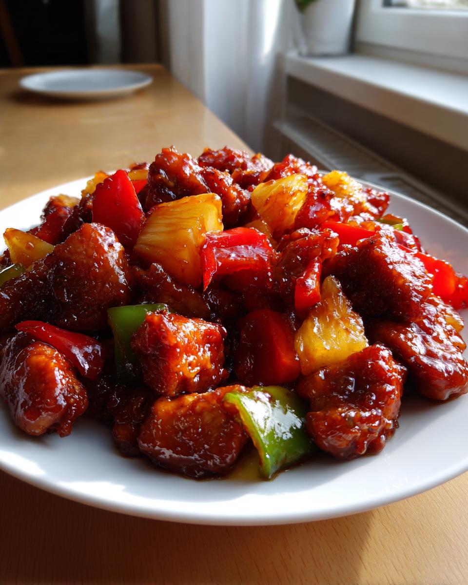 Close-up of glossy, saucy Hawaiian chicken pieces mixed with pineapple and bell peppers from the Hawaiian chicken sheet pan recipe.