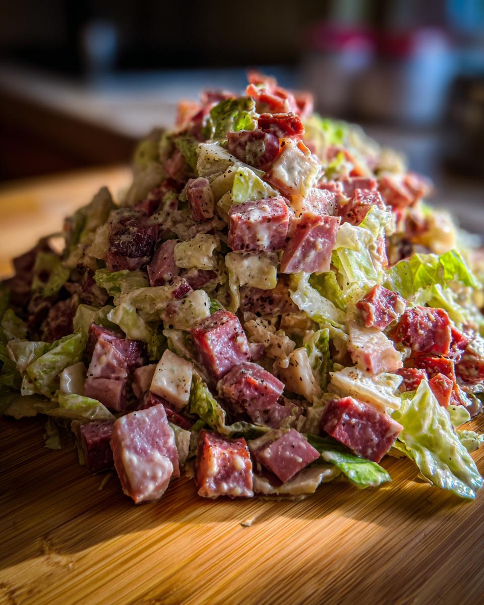 A mound of creamy grinder salad featuring chopped iceberg lettuce and large cubes of salami and ham on a wooden cutting board.