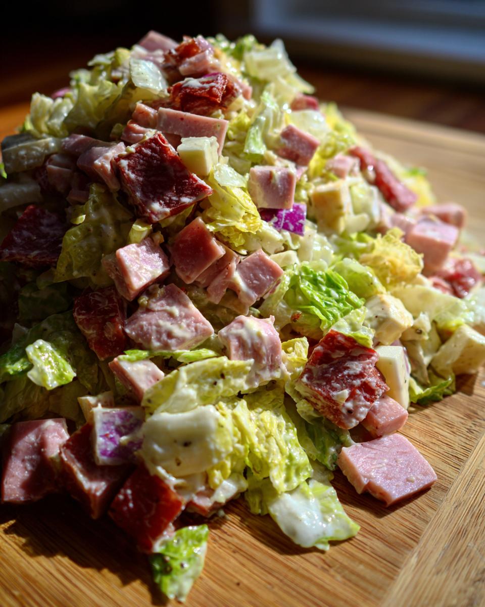 A mound of chopped lettuce, cubed ham, salami, and cheese tossed in a creamy dressing for a grinder salad.