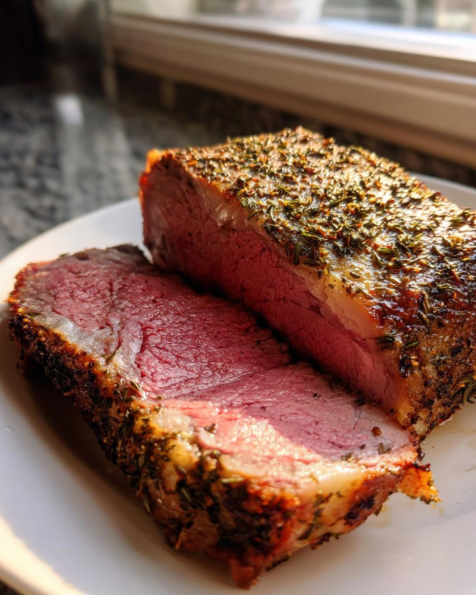 Close-up of a thick slice of herb-crusted prime rib showing a juicy, medium-rare interior.