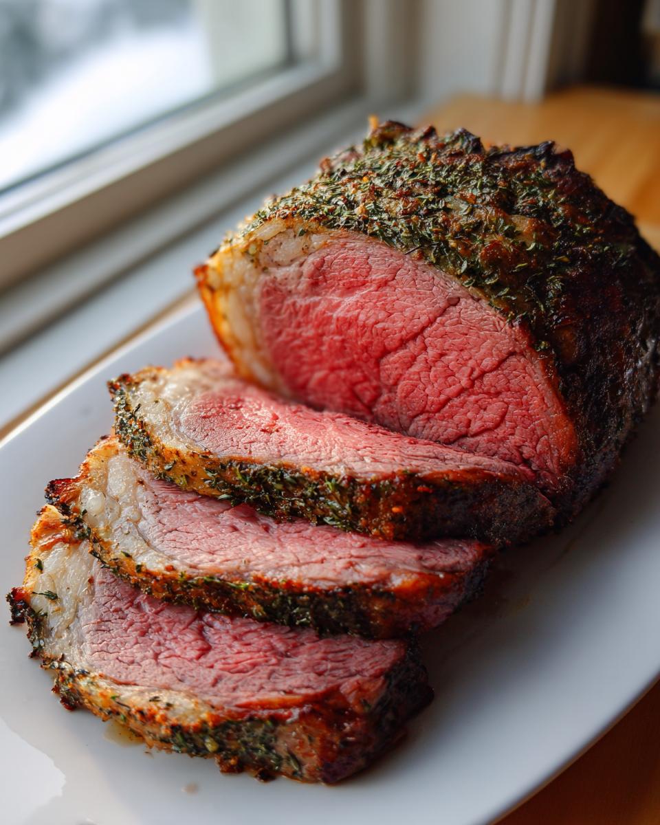 A beautifully roasted and sliced prime rib with a vibrant pink center and herb crust, resting on a white platter.