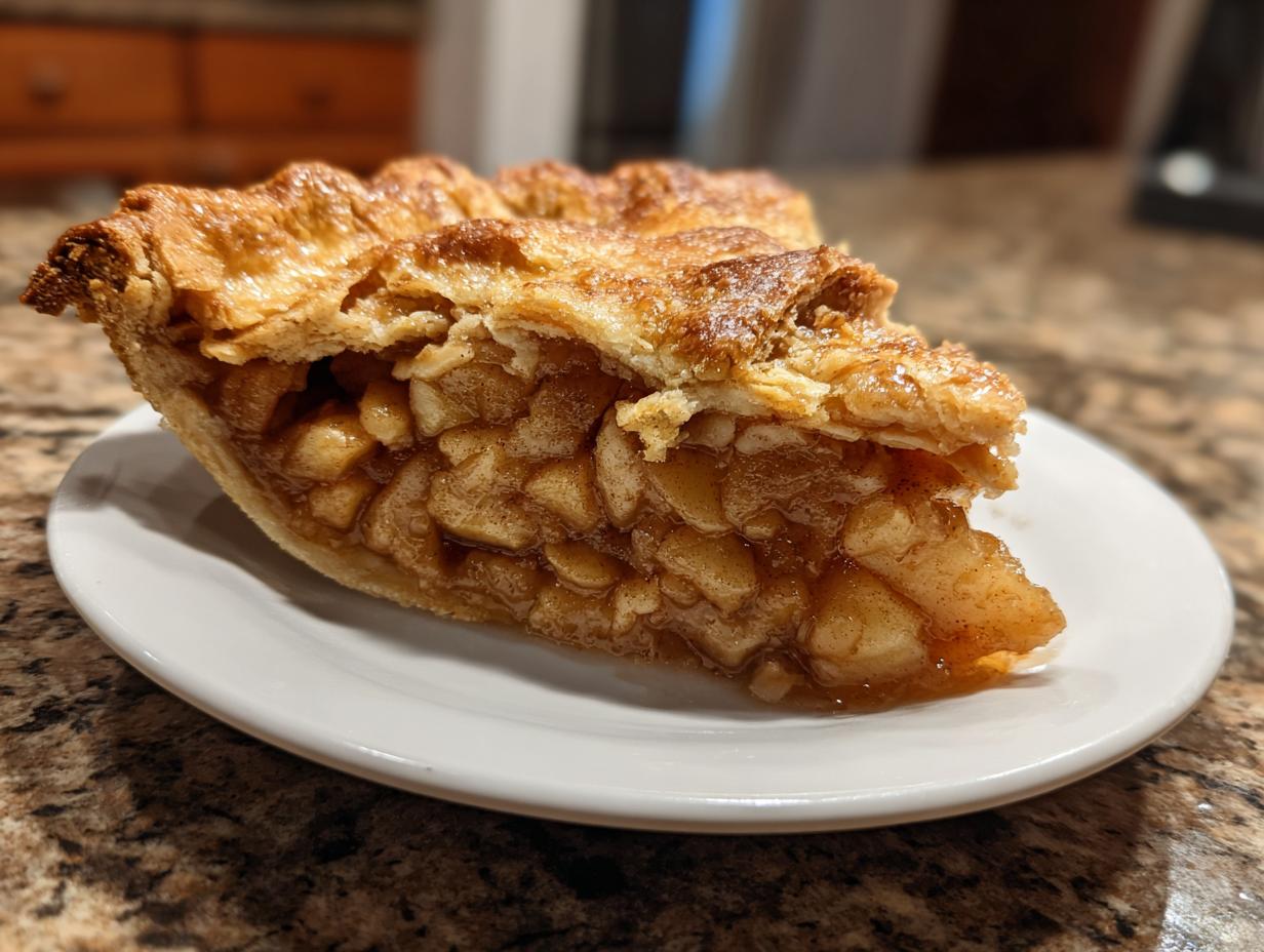 Close-up of a generous slice of homemade apple pie showing thick apple filling and golden flaky crust.