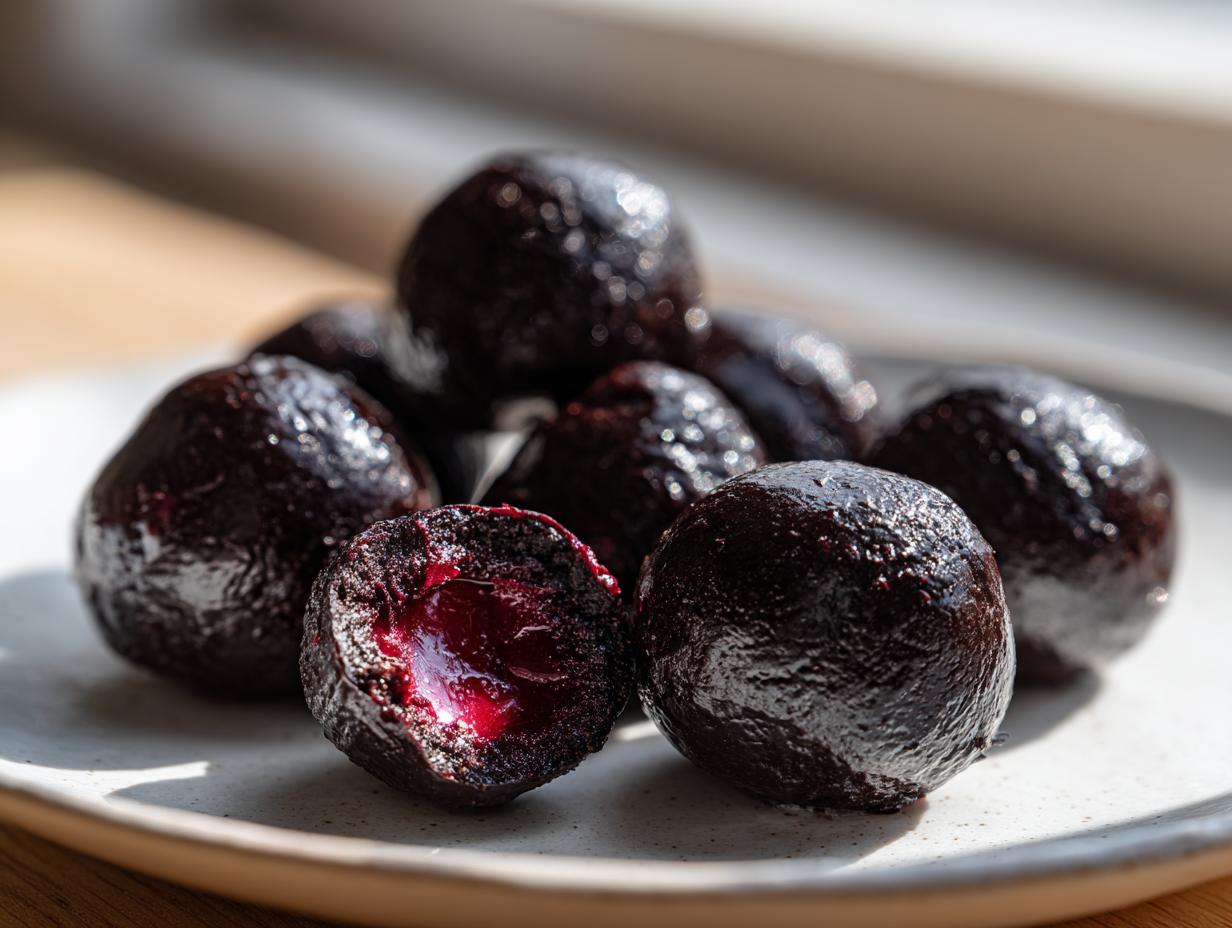 A close-up of homemade chocolate covered cherries on a plate, one is cut open showing the juicy red center.