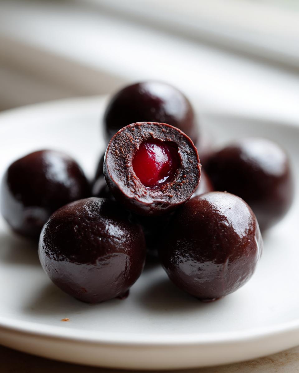 Close-up of homemade chocolate covered cherries, one cut in half revealing the bright red cherry center.