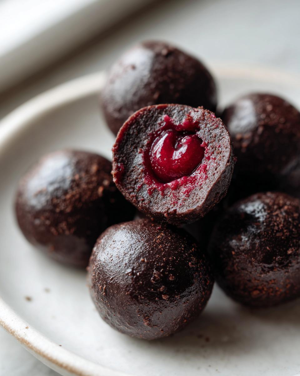 A close-up of several homemade chocolate covered cherries, one cut in half revealing a bright red cherry center.