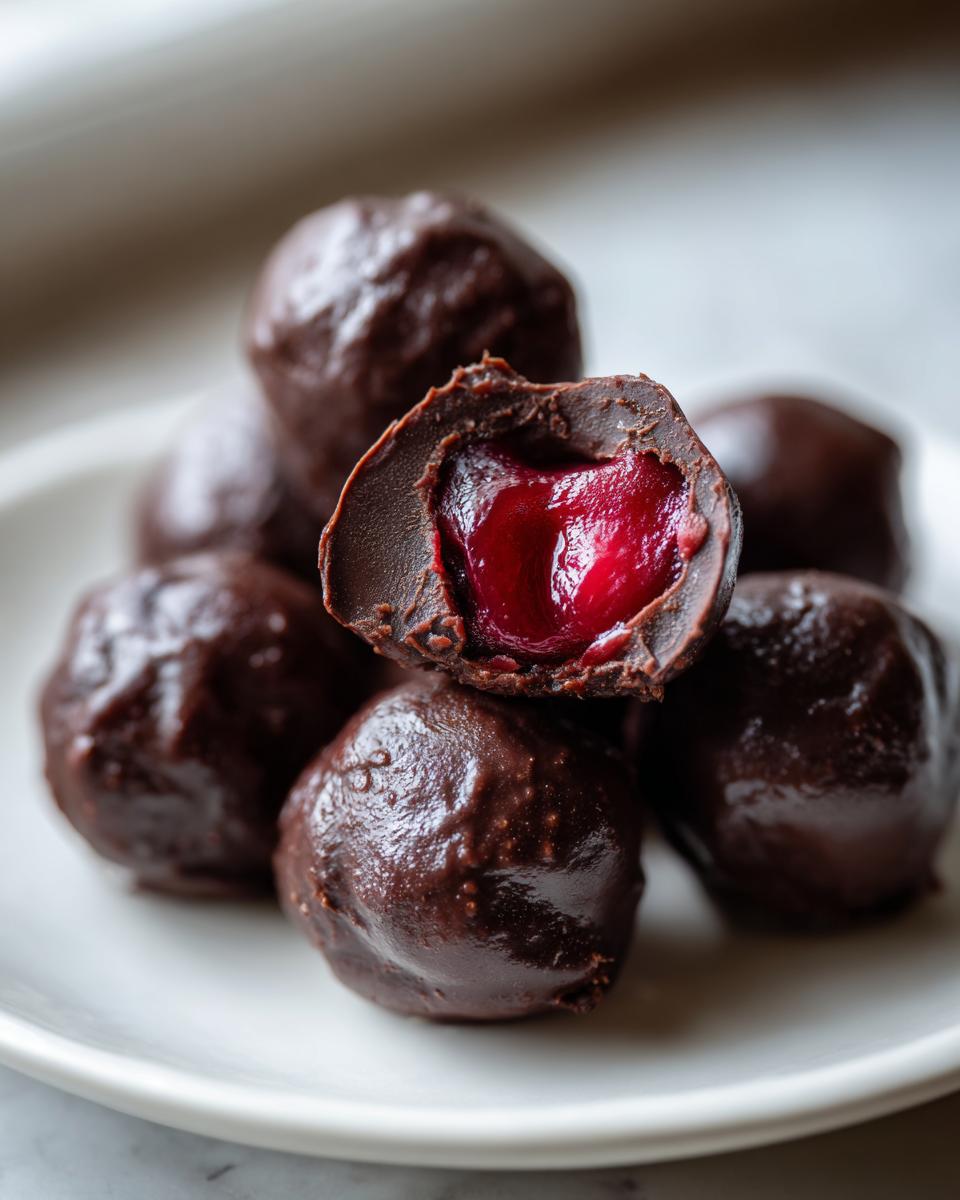 A stack of homemade chocolate covered cherries, with one cut in half showing the bright red cherry filling.