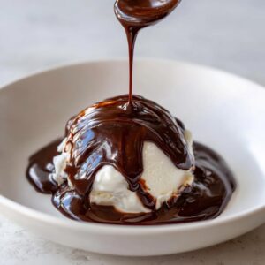 A spoonful of rich, dark chocolate sauce recipe being poured over a scoop of vanilla ice cream in a white bowl.