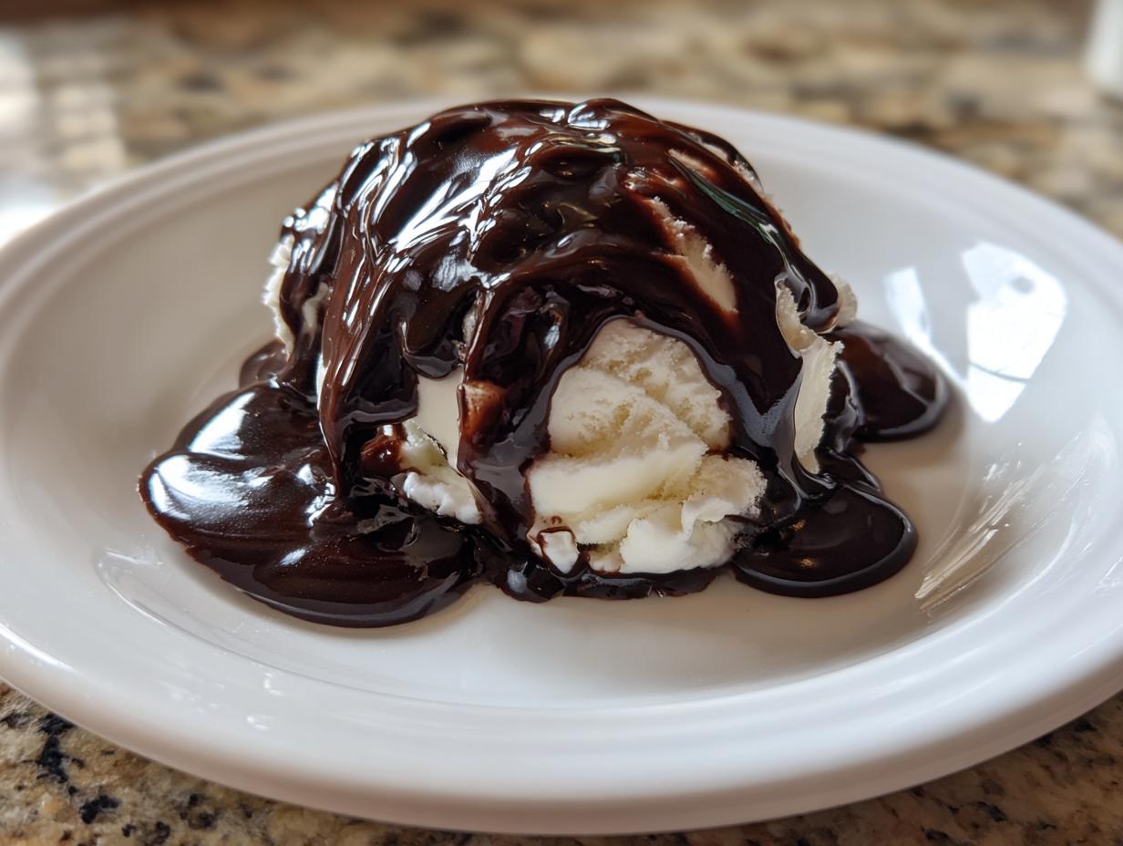 Scoop of vanilla ice cream generously covered in thick, glossy homemade chocolate sauce recipe.