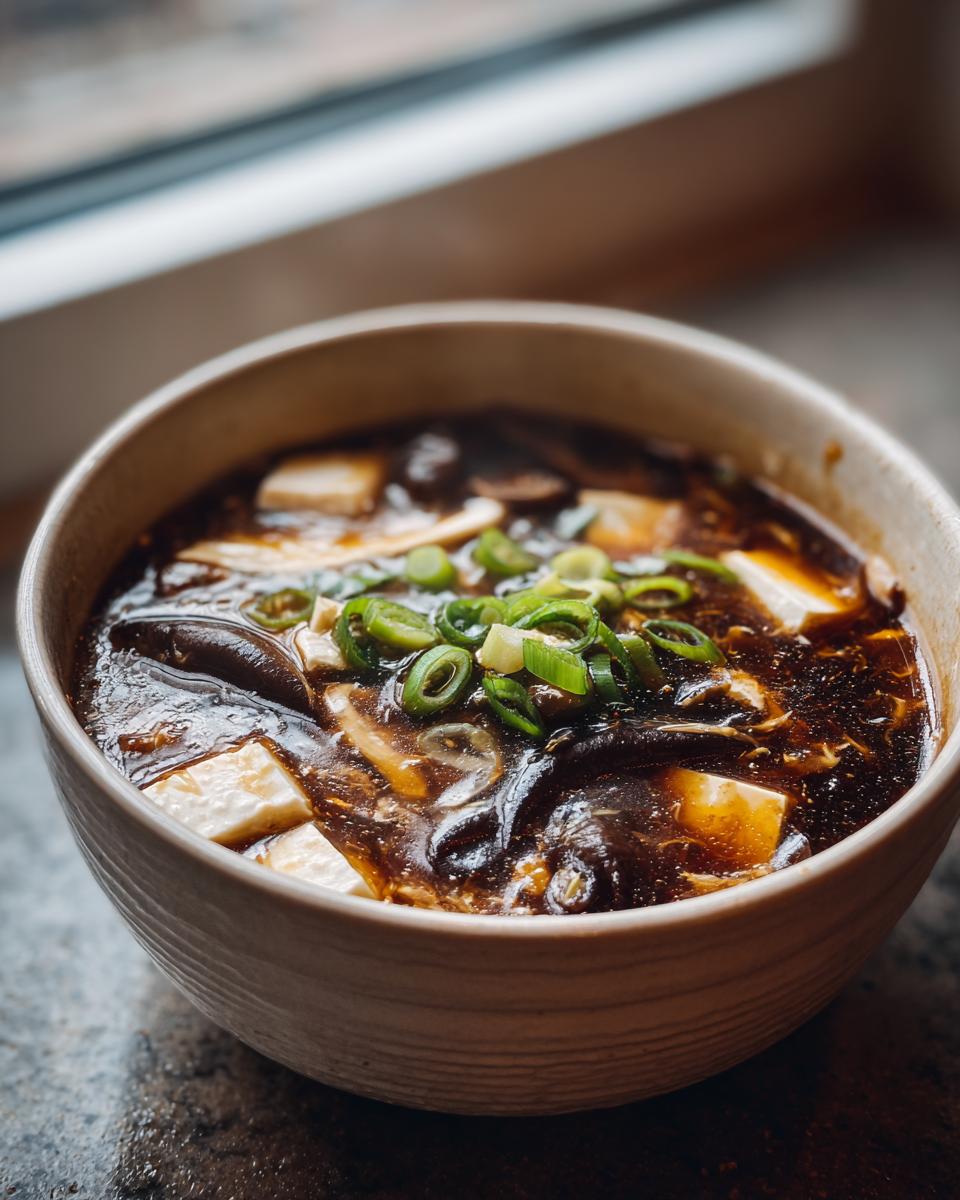 Close-up of a bowl of rich, dark hot and sour soup recipe garnished with tofu, mushrooms, and green onions.