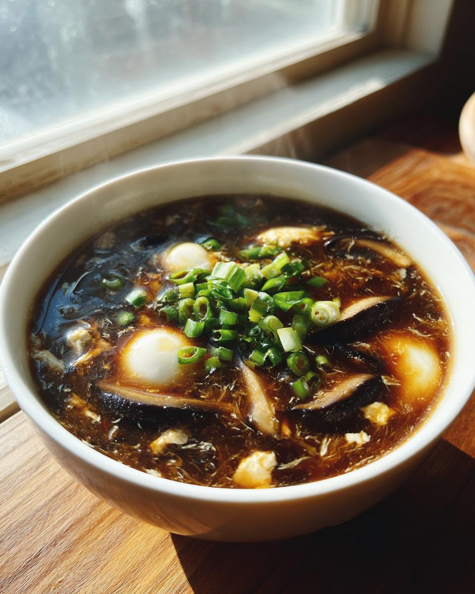 A white bowl filled with rich, dark hot and sour soup recipe, topped with sliced mushrooms, egg ribbons, and fresh green onions.