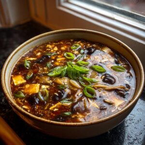 A close-up of a steaming bowl of rich, dark hot and sour soup recipe garnished with fresh green onions.