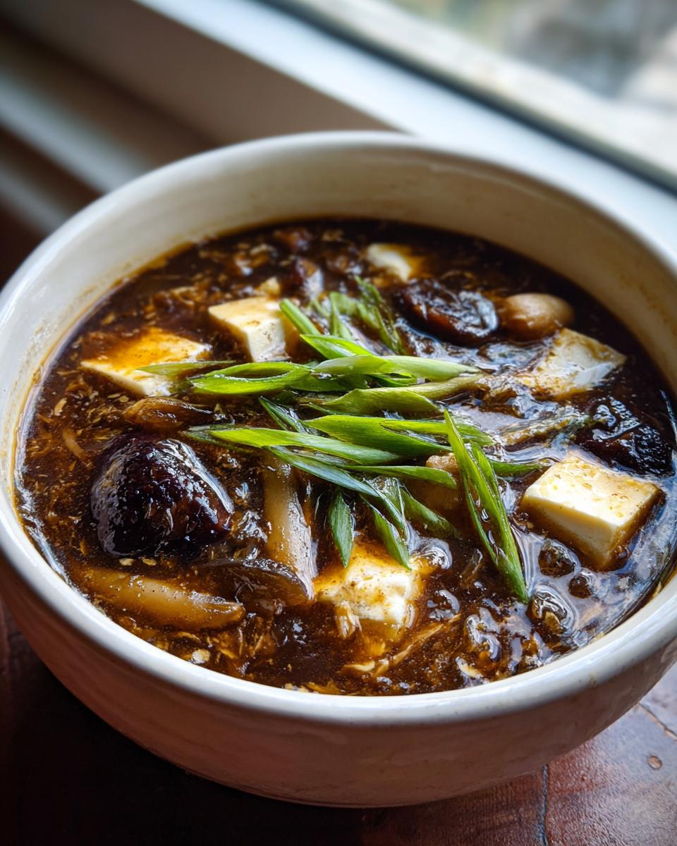 Close-up of a white bowl filled with rich, dark hot and sour soup recipe, featuring tofu, mushrooms, and green onion garnish.