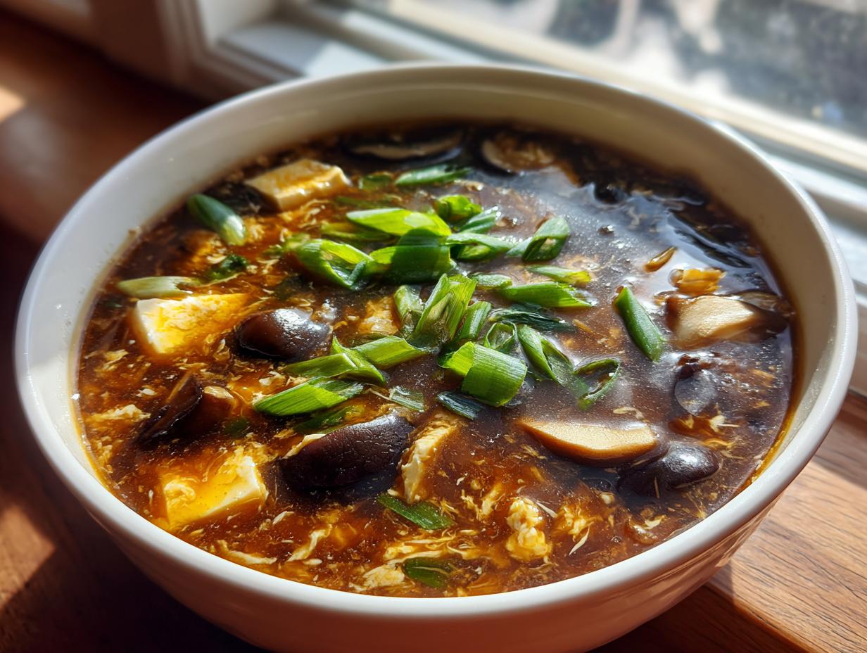A close-up of a steaming bowl of hot and sour soup recipe, featuring tofu, mushrooms, and green onions.