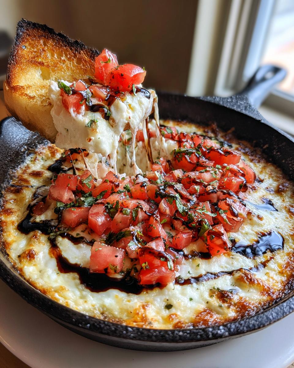 A piece of toasted bread is pulling melted cheese from a hot, baked bruschetta dip served in a cast iron skillet.