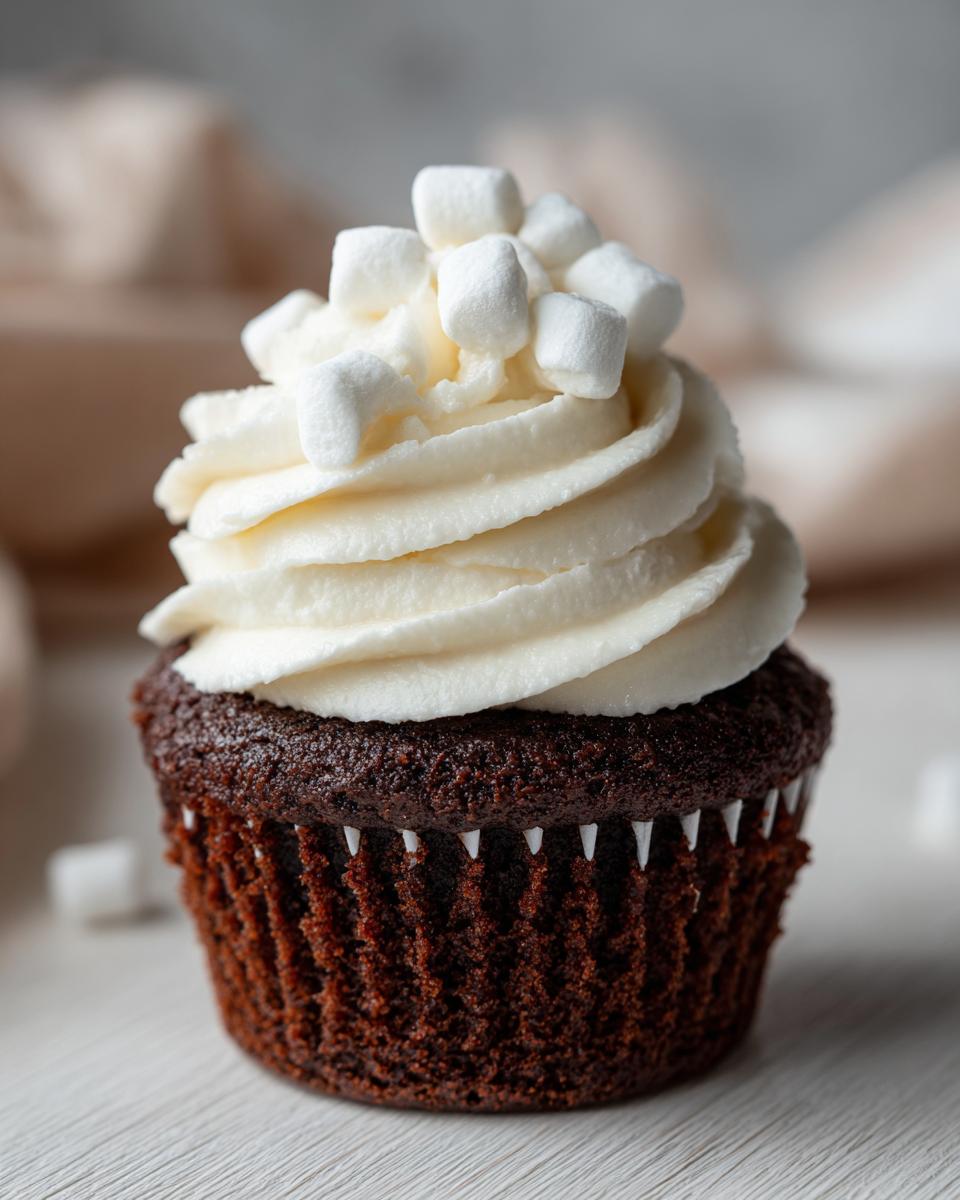 A rich chocolate cupcake topped with white frosting swirl and mini marshmallows, perfect for hot chocolate cupcakes.