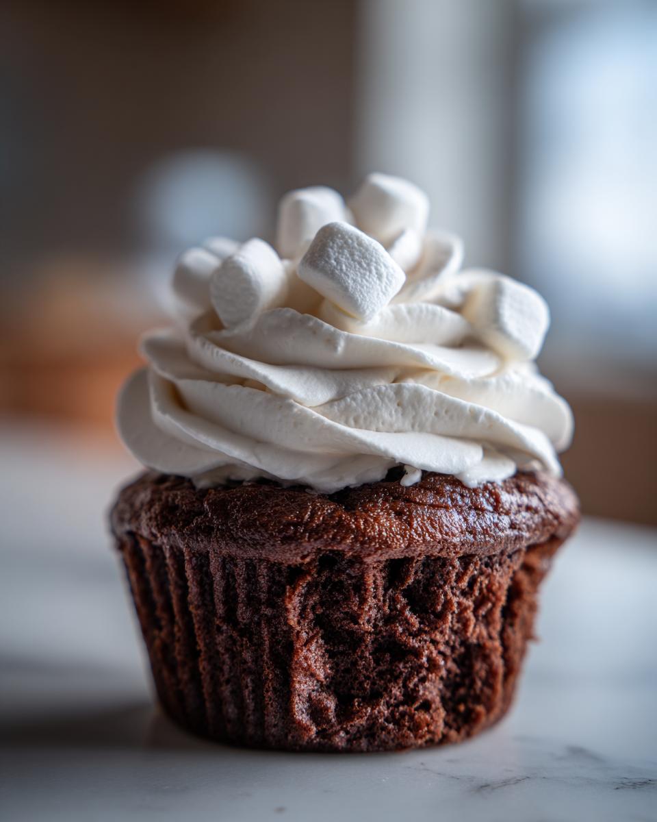 Close-up of a rich, dark chocolate hot chocolate cupcake topped with white frosting and mini marshmallows.