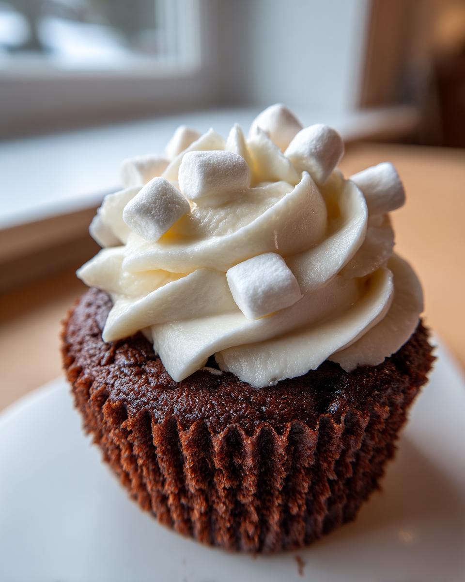 Close-up of a rich, dark chocolate hot chocolate cupcake topped with white frosting and mini marshmallows.