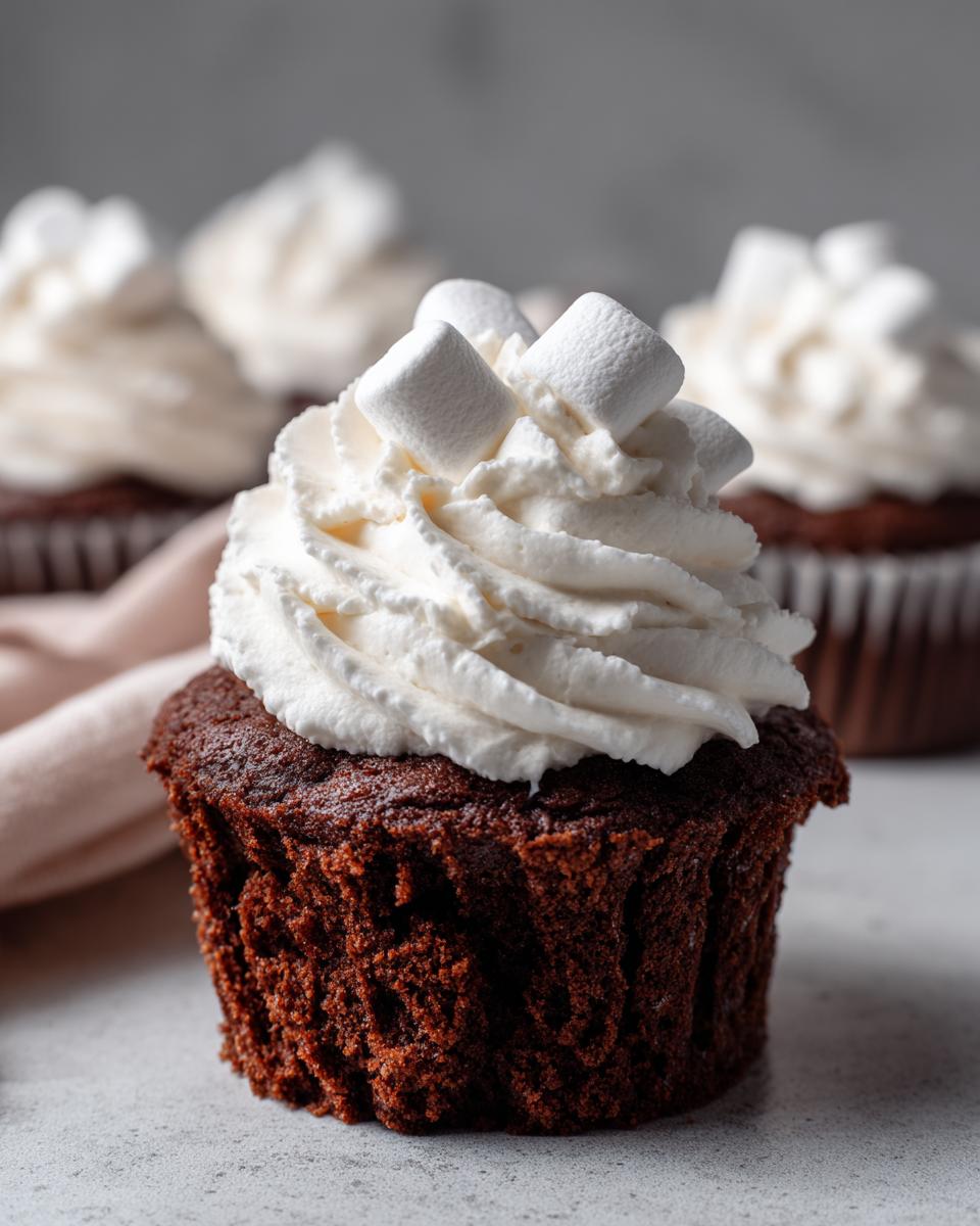 A rich, dark chocolate hot chocolate cupcake topped with whipped cream and mini marshmallows.