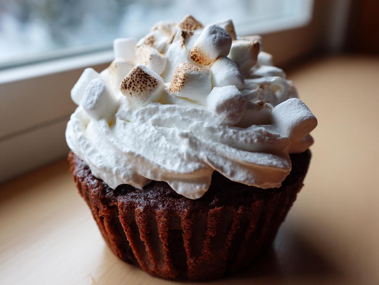 A rich, dark chocolate cupcake topped with whipped cream and toasted mini marshmallows, perfect for hot chocolate cupcakes.