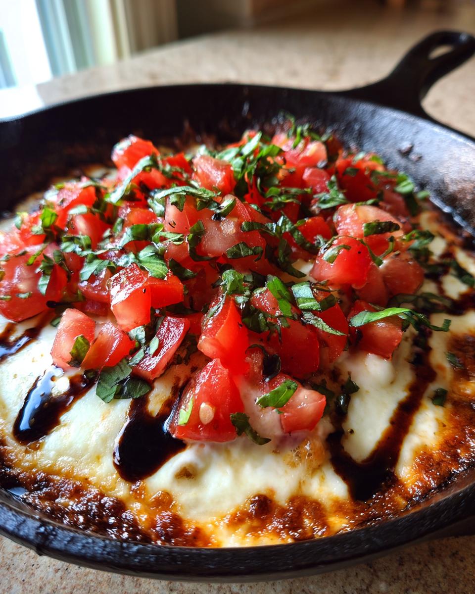 Close-up of hot, bubbly three-cheese bruschetta dip topped with fresh diced tomatoes and basil in a black skillet.