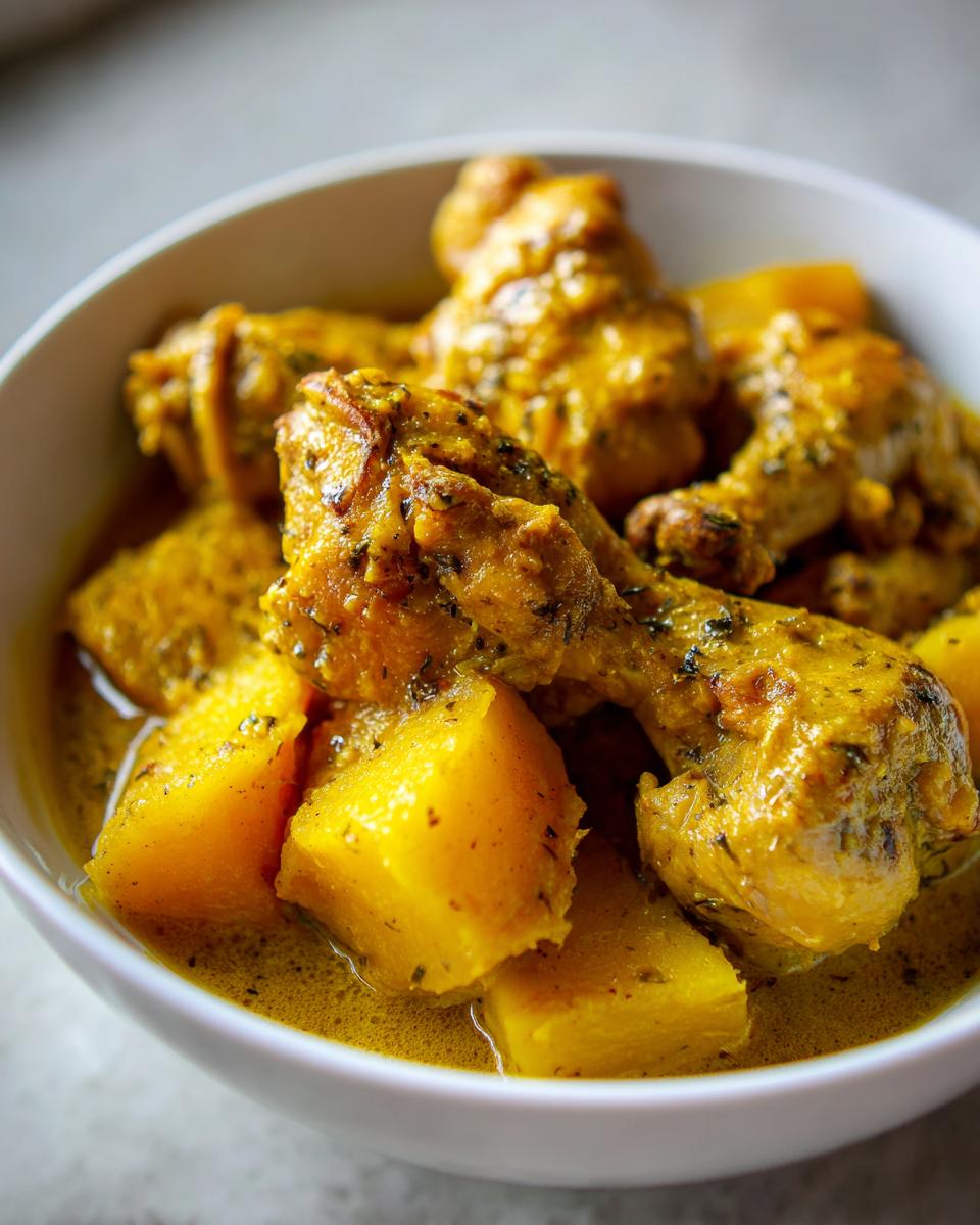 Close-up photo of tender chicken pieces and chunks of potato simmering in a rich, yellow sauce of Jamaican curry chicken.