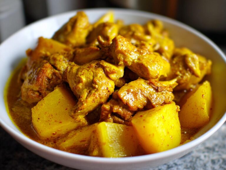 A close-up of vibrant, yellow Jamaican curry chicken pieces mixed with large chunks of potato in a white bowl.