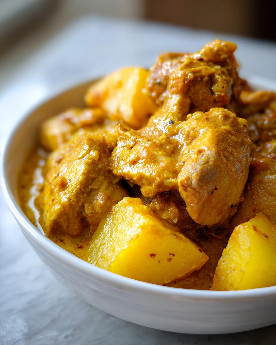 Close-up of tender chicken pieces and large potato chunks swimming in rich, yellow sauce of Jamaican curry chicken.