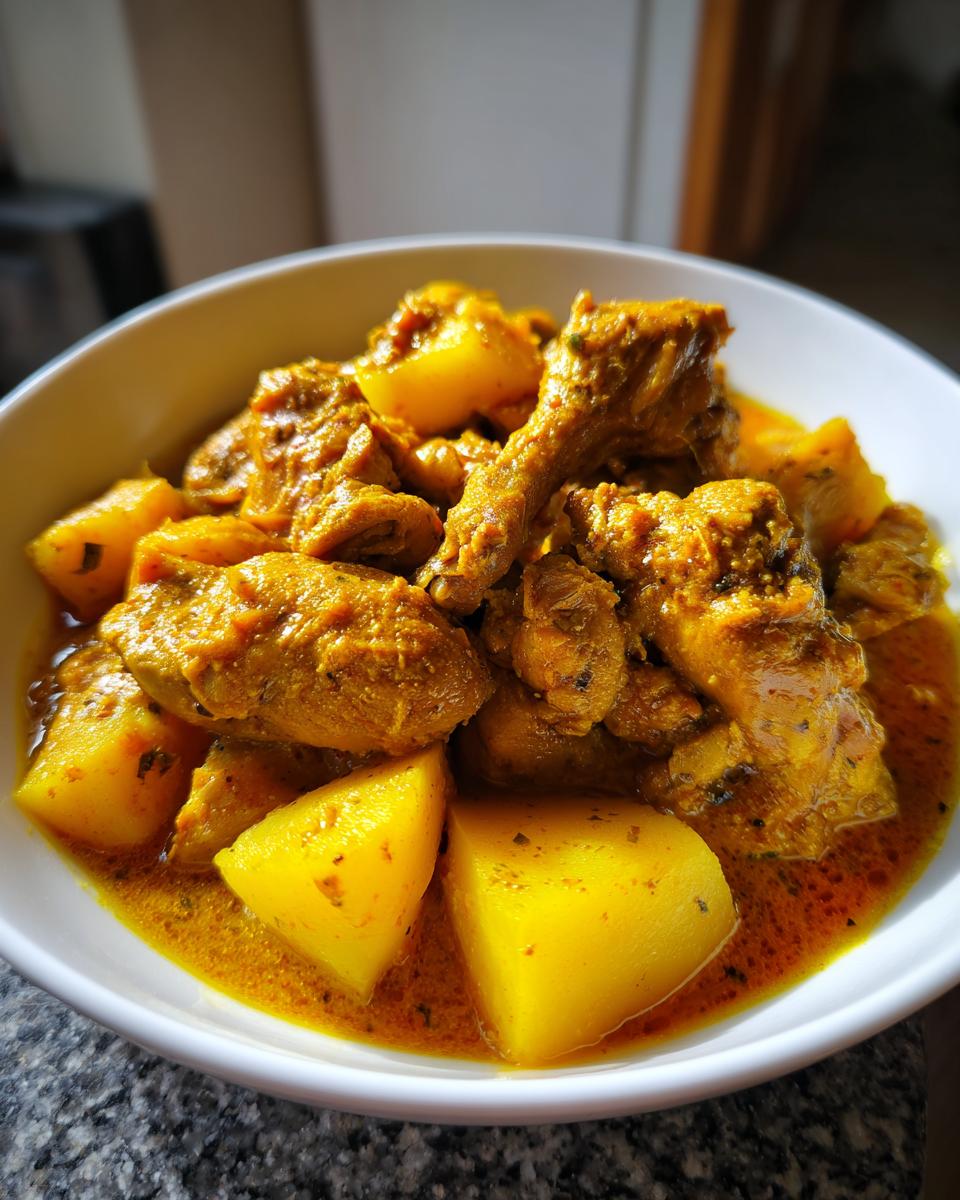 Close-up of Jamaican curry chicken pieces and large chunks of yellow potatoes in a rich, orange-yellow curry sauce.
