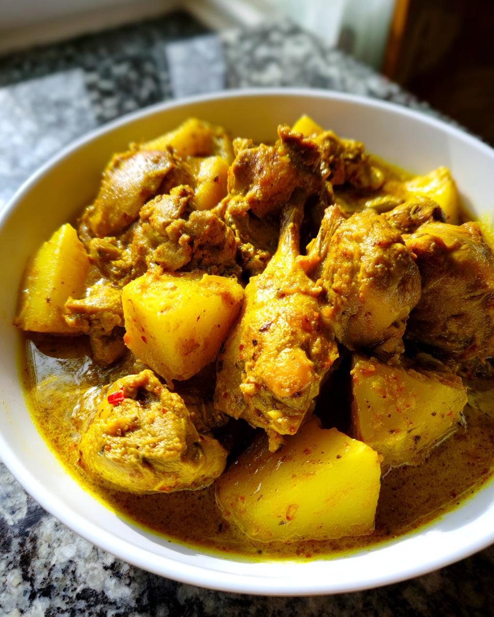 Close-up of tender pieces of Jamaican curry chicken and large chunks of yellow potato in a rich, golden curry sauce.