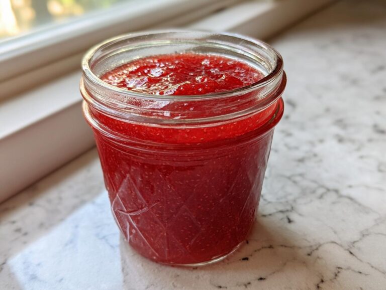 A glass jar filled with bright red strawberry freezer jam sitting on a white marble countertop near a window.