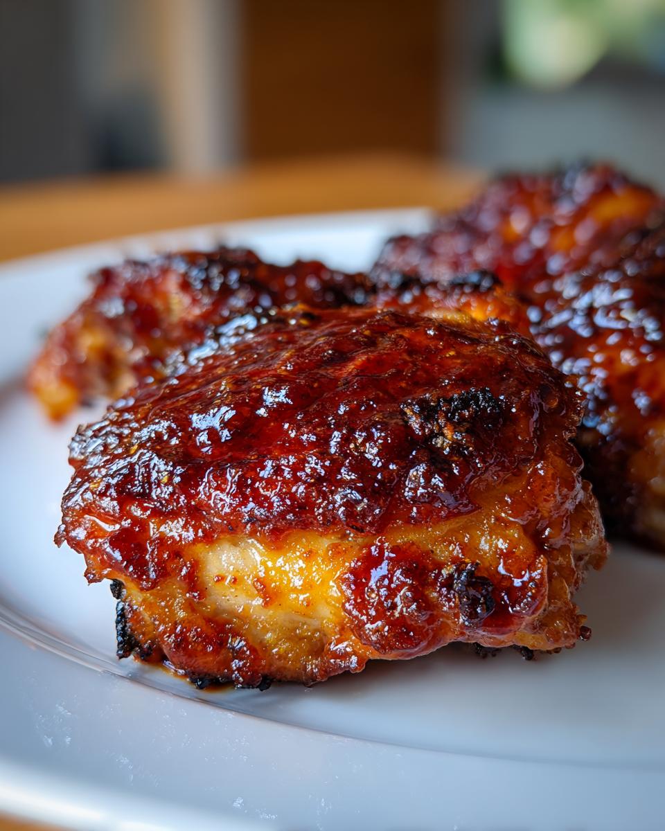 Close-up of juicy bbq chicken thighs covered in a thick, dark, caramelized barbecue sauce on a white plate.