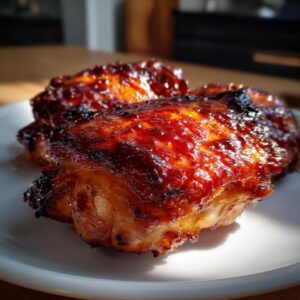 Two pieces of juicy, caramelized bbq chicken thighs with a dark, glossy glaze sitting on a white plate.