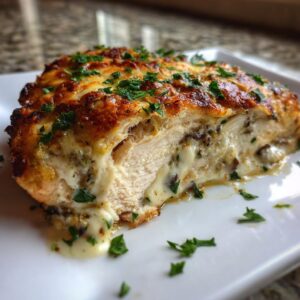 Cross-section of baked caesar chicken showing juicy white meat stuffed with creamy, cheesy caesar filling and topped with melted cheese and parsley.