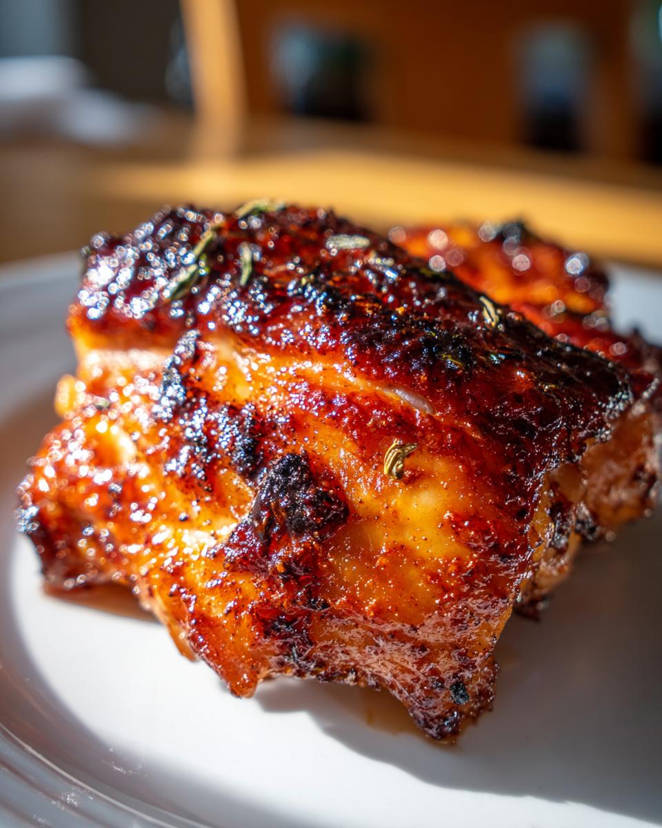 Close-up of a piece of perfectly cooked, glazed bbq chicken with a caramelized, dark crust.