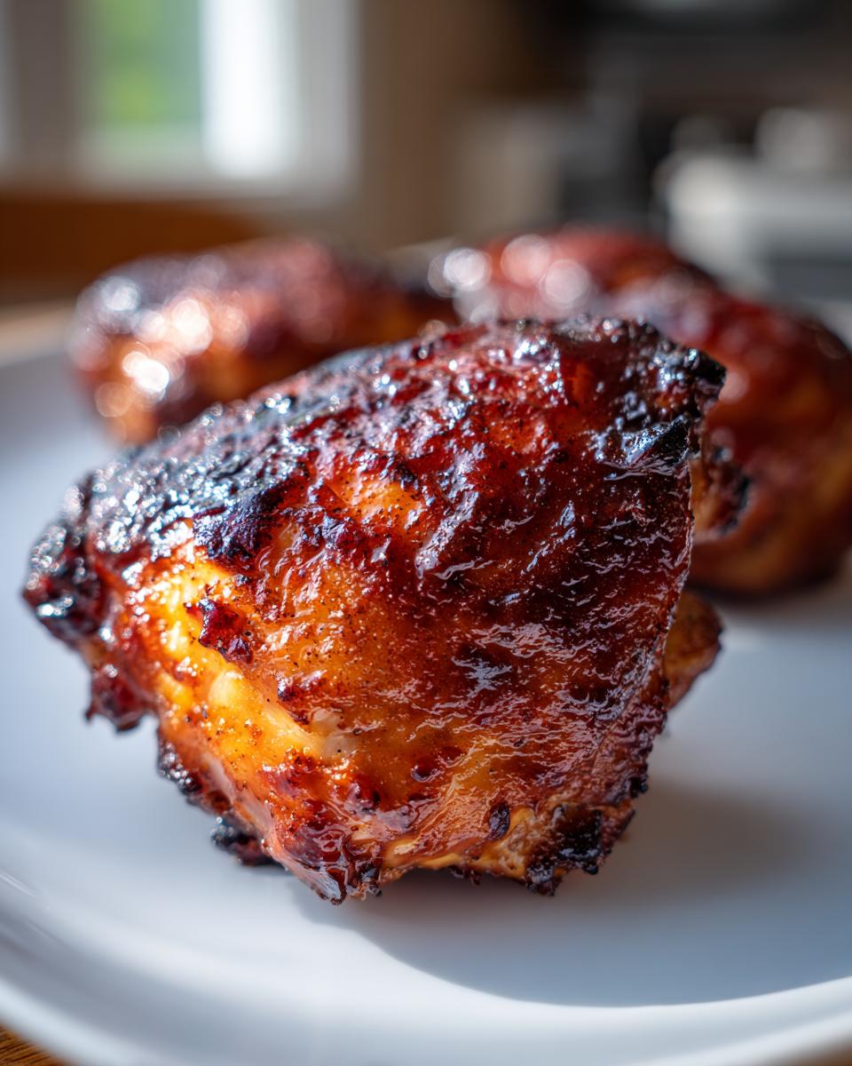 Close-up of a perfectly cooked, glazed piece of bbq chicken with a dark, caramelized crust.