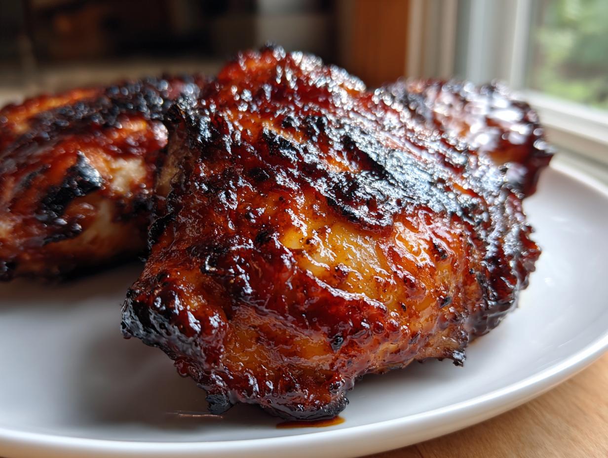Close-up of two pieces of incredibly juicy, caramelized bbq chicken thighs with a dark, glossy glaze.
