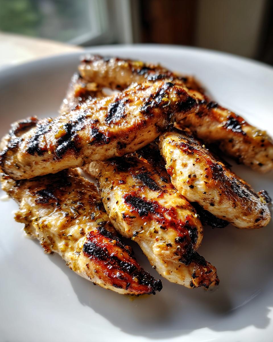 Close-up of several juicy grilled greek chicken tenders seasoned with herbs and spices on a white plate.