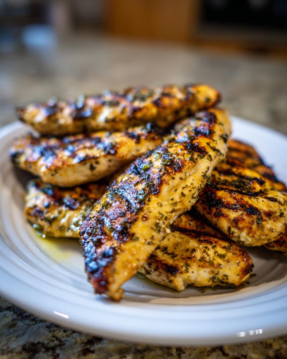 A stack of perfectly grilled greek chicken tenders seasoned with herbs, resting on a white plate.