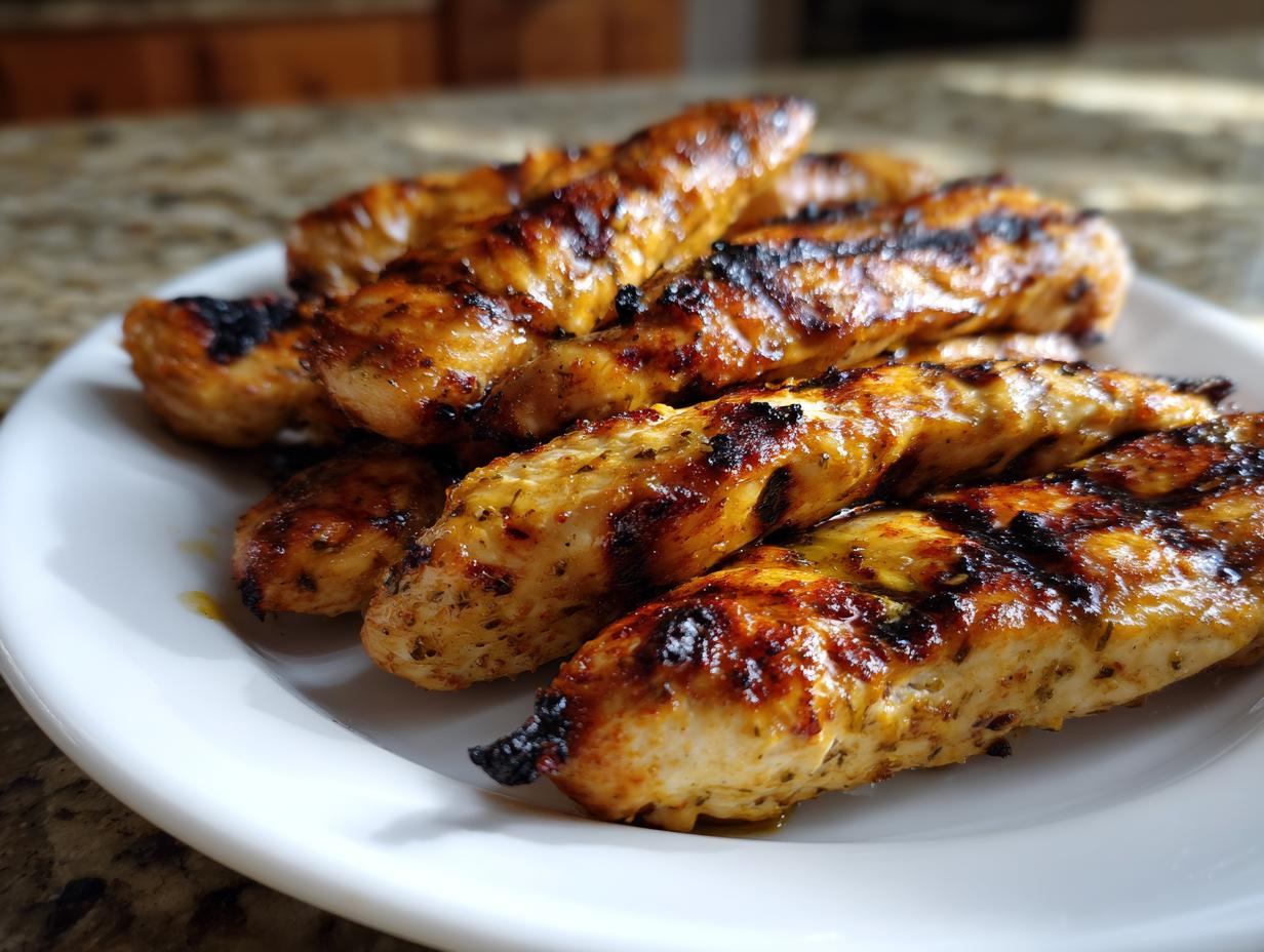 Close-up of several juicy, grilled greek chicken tenders piled on a white plate with visible char marks.