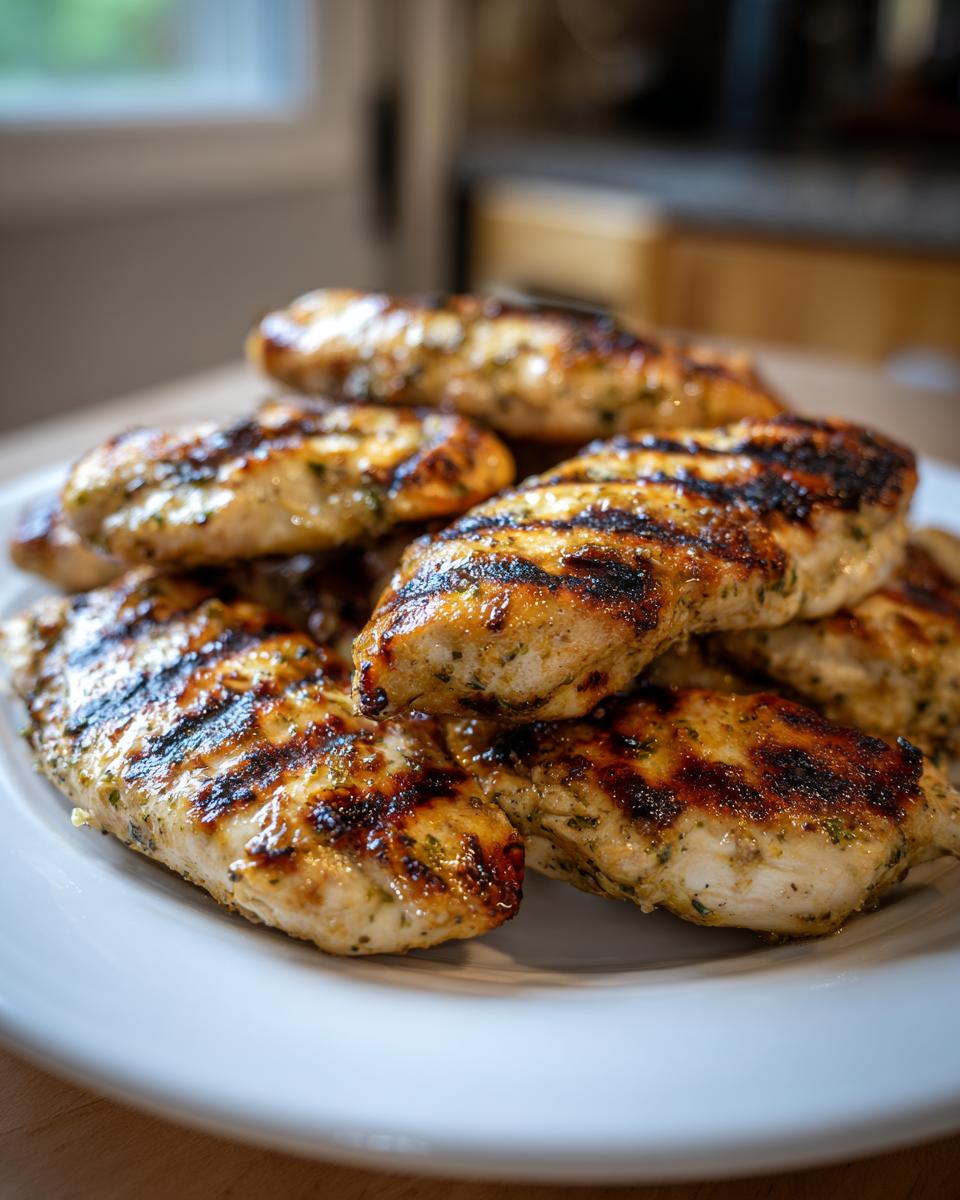 A stack of perfectly grilled greek chicken breasts showing dark char marks and herbs on a white plate.