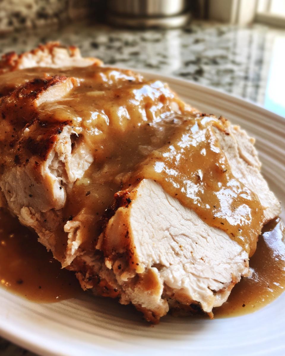 Close-up of sliced instant pot turkey breast, perfectly cooked and covered in rich brown gravy.
