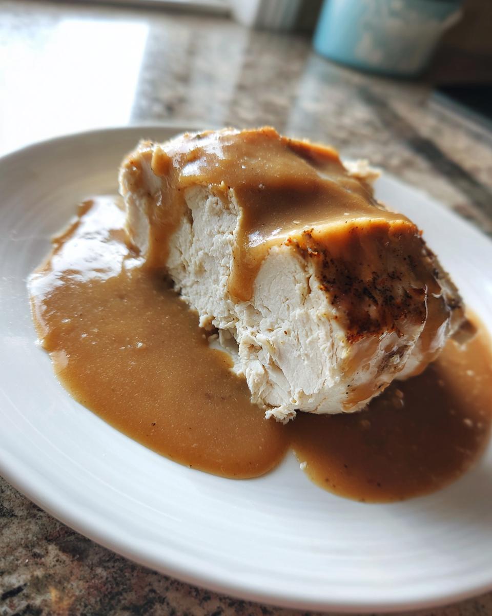 A cross-section slice of juicy instant pot turkey breast generously covered in brown gravy, served on a white plate.